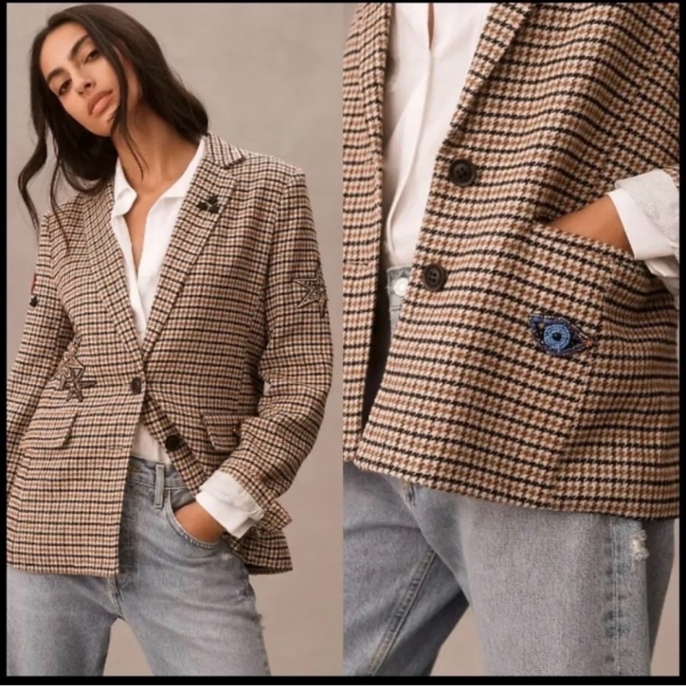 Anthropologie houndstooth Appliqué Blazer